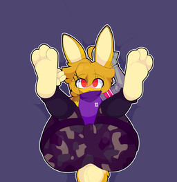 accessory anthro bulge butt butt_focus camo clothing cybernetic_arm cybernetic_limb cybernetics hair_accessory hairpin leg_warmers legs_up legwear machine male mousepad_design red_eyes scar solo windbreaker yellow_body keryel thusthus_(character) hare lagomorph leporid mammal absurd_res hi_res