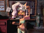anthro belt bra brown_body clothing dreadlocks eyewear eyewear_on_head female garage goggles goggles_on_head hair mechanic smile solo teeth toony underwear white_hair yellow_eyes jochico aneyn hyena mammal 3d_(artwork) 4:3 absurd_res digital_media_(artwork) hi_res