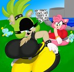 accessory anthro belt big_breasts black_body black_clothing black_fur black_nose black_shirt black_topwear blue_eyes bottomwear bracelet breasts butt_slap clothed clothing countershade_face countershading curvy_figure detailed_background dress duo ear_piercing eyelashes female fur gloves grass grass_field grassland green_body green_eyes green_fur green_hair hair hair_accessory hair_tie handwear headband hourglass_figure huge_breasts jewelry motion_lines multicolored_body multicolored_fur open_mouth open_smile pants piercing pink_body pink_fur pink_hair plant red_clothing red_dress ring_(jewelry) sharp_teeth shirt short_hair short_tail slap slapping_own_butt slapping_self sleeping smile sound_effects studded_bracelet studded_hair_tie studded_jewelry studs tail tan_body tan_fur teeth text thick_thighs tied_hair topwear torn_clothing torn_sleeves torn_topwear two_tone_body two_tone_fur vowelless vowelless_sound_effect water white_clothing white_gloves white_handwear wide_hipped_anthro wide_hipped_female yellow_bottomwear yellow_clothing yellow_pants zzz 3barts idw_publishing sega sonic_the_hedgehog_(comics) sonic_the_hedgehog_(idw) sonic_the_hedgehog_(series) amy_rose surge_the_tenrec afrosoricid chao_(sonic) eulipotyphlan hedgehog mammal tenrec 2025 absurd_res digital_drawing_(artwork) digital_media_(artwork) english_text hi_res