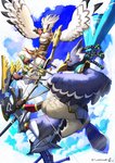 anthro bow_(weapon) clothing duo feathers foot_archery great_eagle_bow male ranged_weapon weapon t_yamanashi breath_of_the_wild nintendo the_legend_of_zelda revali teba_(tloz) avian bird rito hi_res