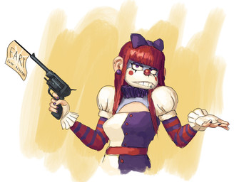 accessory anthro bow_(feature) bow_accessory bow_ribbon centered_hair_bow clothed clothing clown clown_makeup clown_nose facial_piercing female fully_clothed gesture gun hair hair_accessory hair_bow hair_ribbon handgun holding_gun holding_handgun holding_object holding_ranged_weapon holding_revolver holding_weapon lip_piercing lip_ring makeup piercing ranged_weapon red_hair revolver ribbons ring_piercing shrug solo weapon redustheriotact beth_(redustheriotact) haplorhine mammal monkey primate 2021 hi_res