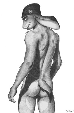 anthro biped buckteeth butt clothing fur hat hat_only headgear headgear_only headwear headwear_only looking_at_viewer looking_back male mostly_nude rear_view shadow simple_background smile solo standing teeth whiskers white_background rthur hare lagomorph leporid mammal greyscale monochrome