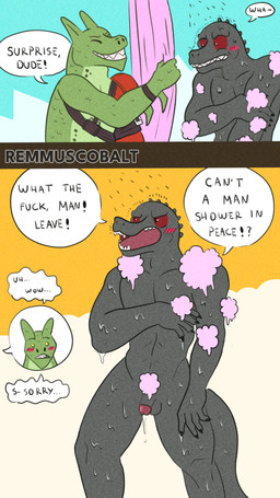 anthro balls caught circumcised dialogue duo embarrassed foreskin genitals glans male male/male muscular nude penis profanity shower slim soap tail text remmus_cobalt epic_games fortnite hybrid_(fortnite) thunder_(fortnite) scalie 4k 9:16 absurd_res comic english_text hi_res