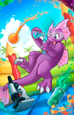 anthro blue_eyes claws eyewear featureless_crotch finger_claws frill_(anatomy) glistening glistening_eyes goggles head_crest head_frill holding_test_tube laboratory_equipment laboratory_glassware male male_anthro nude open_mouth pink_frill pink_tongue purple_body scientific_instrument scientist solo test_tube toe_claws tongue tongue_out white_claws young young_anthro young_male pandapaco scalie hi_res