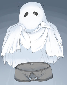 2018 ambiguous_gender bedsheet_ghost clothed clothing clothing_lift digital_media_(artwork) ghost gradient_background humor invisible invisible_penis iriedono not_furry simple_background solo spirit underwear