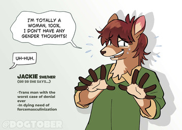 ambiguous_gender anthro bodily_fluids brown_hair clothing eyelashes eyelashes_through_hair hair nervous nervous_sweat open_mouth solo sweat sweatdrop text translucent translucent_hair dogtober jackie_(dogtober) deer mammal better_version_at_source english_text hi_res trans_(lore) trans_man_(lore)