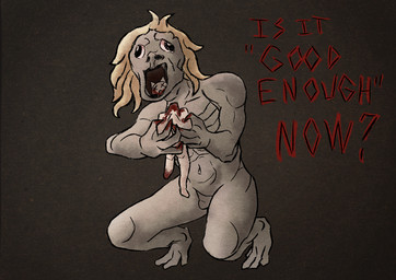 ambiguous_gender amputated_leg amputation blonde_hair blood bloodshot_eyes bodily_fluids broad_shoulders clawed_hands creepy crouching death decapitation digitigrade duo featureless_crotch feline_ears flared_nostrils frowney_face gore grey_body hair hard_vore navel pale_skin ribs severed_body_part severed_head simple_background size_difference text toothless_mouth uncanny_valley vore x_eyes eyescutout saturn_devouring_his_son felid feline humanoid mammal english_text hi_res inspired_by_formal_art