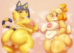 animal_crossing ankha_(animal_crossing) anthro bangs belly_grab big_breasts big_butt black_eyes blue_hair breasts butt canid canine canis domestic_cat domestic_dog duo felid feline felis female genitals hair hand_behind_head huge_breasts huge_butt huge_thighs inverted_nipples isabelle_(animal_crossing) mammal nintendo nipples obese obese_anthro obese_female overweight overweight_anthro overweight_female pururing pussy shih_tzu steam tail thick_thighs toy_dog uraeus water wet
