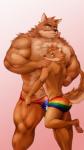 abs anthro barazoku barefoot biceps big_muscles big_pecs blue_eyes bulge butt clothed clothing duo feet flag_clothing fur hair looking_at_viewer looking_back looking_down male male/male manly muscular pawpads paws pecs presenting presenting_hindquarters rainbow raised_leg smile taiwan taiwanese taiwanese_flag thick_thighs topless flowamai otake takemoto canid canine canis domestic_dog mammal 9:16 hi_res