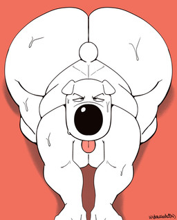 all_fours anthro big_butt black_nose bodily_fluids butt fur half-closed_eyes male narrowed_eyes red_background simple_background small_tail solo sweat sweaty_butt tail tongue tongue_out white_body white_fur witdrawsloods family_guy brian_griffin canid canine canis domestic_dog mammal 2025 digital_drawing_(artwork) digital_media_(artwork) english_description hi_res procreate_(artwork)
