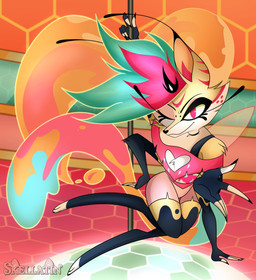 anthro bottomwear clothing female fingers looking_at_viewer one_eye_closed pole shorts smile solo text topwear wings skellatin hellaverse helluva_boss queen_bee-lzebub_(helluva_boss) arthropod canid canine demon fox insect mammal 2023 absurd_res artist_name hi_res watermark