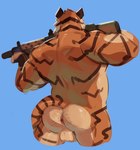 2024 absurd_res aiming anthro anus backsack balls barazoku big_muscles blue_background body_hair butt butt_hair clothing epic_games felid fingerless_gloves fortnite fur gaping gaping_anus genitals gloves gun handwear hi_res holding_gun holding_object holding_ranged_weapon holding_weapon male mammal musclegut muscular muscular_anthro muscular_male nude oscar_(fortnite) pantherine perineum ranged_weapon rear_view rifle simple_background solo standing thick_thighs tiger tuft vinstacc weapon