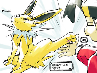 ambiguous_gender black_hair black_inner_ear black_text clothed clothing duo feet feral fur hair pawpads paws pink_pawpads soles text toes white_body white_fur yellow_body yellow_ears yellow_fur dahecksajerry nintendo pokemon ethan_(pokemon) pierrot_(dahecksajerry) eeveelution generation_1_pokemon human jolteon mammal pokemon_(species) 2025 4:3 english_text