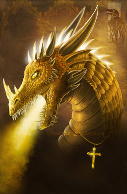 ambiguous_gender cross cross_fitchee cross_necklace eyeball feral horn jewelry necklace open_mouth pupils scales sharp_teeth slit_pupils solo spikes teeth yellow_body yellow_eyes yellow_scales venator_somniorum mythology avian bird dragon mythological_creature mythological_scalie scalie hi_res yellow_theme