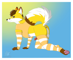 all_fours animal_genitalia animal_penis anthro anus arm_warmers armwear balls brown_hair butt canine_genitalia canine_penis claws clothed clothing crawling erection feet femboy fur genitals hair leggings legwear looking_at_viewer looking_back male male_anthro nude partially_clothed penis presenting presenting_hindquarters raised_tail smile solo tail toe_claws toes white_body white_fur yellow_body yellow_fur arwenn_summerfox arwenn canid canine fox mammal absurd_res hi_res