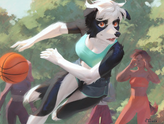anthro ball basketball_(ball) biped bottomwear breasts claws clothed clothed_anthro clothed_female clothed_male clothing countershade_torso countershading day female fingers front_view fully_clothed fully_clothed_anthro fully_clothed_female fur group hair male outside plant sky tail teeth tongue topwear tree eruca canid canine canis domestic_dog mammal 2026 digital_drawing_(artwork) digital_media_(artwork)