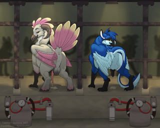 balls beak bodily_fluids claws cum feathered_wings feathers feral genital_fluids genitals hooves knot machine male milking_machine penis presenting stable tail tail_feathers wings symrea mythology avian gryphon mythological_avian mythological_creature 5:4