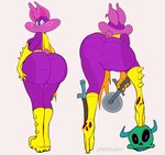 anthro bat big_butt blue_eyes bone boots butt clothing female footwear gloves handwear hi_res high_heeled_boots high_heels horn knife looking_at_viewer looking_away looking_back looking_back_at_viewer mammal mask ninja pizza_cutter presenting presenting_hindquarters purple_body raised_leg simple_background skinsuit skull solo sophie_slam thick_thighs tight_clothing vimhomeless warrior white_background wide_hips