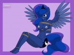 2012 4:3 anthro anthrofied bdsm biped blue_body blue_eyes blue_feathers bondage bound breasts crown cutie_mark digital_media_(artwork) equid equine feathered_wings feathers female friendship_is_magic hasbro headgear hi_res horn kloudmutt mammal my_little_pony mythological_creature mythological_equine mythology nipples nude princess_luna_(mlp) rope simple_background sitting solo sparkles submissive submissive_female wing_boner winged_unicorn wings