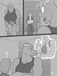 2019 3:4 big_breasts breasts clothed clothing comic crossed_arms digital_media_(artwork) duo egg female freckles_(artist) generation_1_pokemon greyscale hi_res holding_object human humanoid machoke machop male mammal monochrome nintendo not_furry open_mouth pokemon pokemon_(species) question_mark wide_eyed