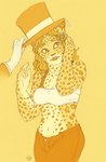 2010 amber-aria ambiguous_gender anthro bottomwear bra breasts clothed clothing comic duo felid female hair hat headgear headwear hi_res human_to_anthro leopard long_hair mammal monochrome navel pantherine pants simple_background species_transformation standing surprise top_hat transformation underwear yellow_background