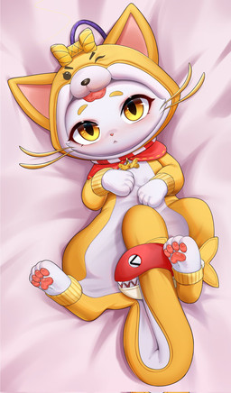 :< bedding bedding_background clothing feet female female_feral feral fur furgonomics high-angle_view hindpaw light_blush looking_at_viewer lying monotone_body monotone_fur on_back onesie pawpads paws pink_pawpads quadruped solo whiskers white_body white_fur yellow_eyes yuuni league_of_legends riot_games tencent yuumi_(lol) domestic_cat felid feline felis mammal 2025 digital_drawing_(artwork) digital_media_(artwork) hi_res shaded soft_shading
