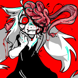 1_eye anthro black_clothing black_dress brain clothing dress female fur gore organs red_background red_eyes simple_background solo white_body white_fur gorebunny 1:1 hi_res
