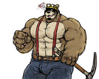 abs anthro armor athletic beard belt biceps big_muscles biped black_hair bottomwear brown_body brown_fur bulge clothed clothing drunk facial_hair fangs fur grin hair headgear heart_symbol helmet male muscular muscular_anthro muscular_male open_mouth pants pecs pickaxe pose simple_background smile solo standing substance_intoxication suspenders suspenders_on_nipples tan_body tan_fur teeth tongue topless white_background jarpanda bear mammal 5:4 digital_media_(artwork)