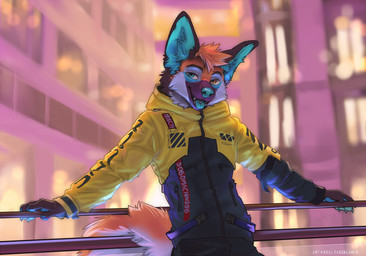 anthro biped blue_claws blue_nose blue_pawpads bottomwear claws clothed clothed_anthro clothed_male clothing fingers front_view fully_clothed fully_clothed_anthro fully_clothed_male fur hair heterochromia looking_at_viewer male multicolored_body multicolored_fur pawpads piercing smile solo standing tail teeth tongue tongue_piercing topwear koul maiao_(wafalex) canid canine mammal maned_wolf 2025 digital_drawing_(artwork) digital_media_(artwork)