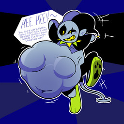 abdominal_bulge belly big_belly black_sclera blush clothing dialogue duo fool's_hat footwear giggle grey_body grin hat headgear headwear huge_belly humanoid_pointy_ears humanoid_pred male male_pred motion_lines navel not_furry pointy_ears same_size_vore simple_background smile tail talking_to_prey teeth topwear unseen_prey vore yellow_eyes yellow_teeth pawplants deltarune undertale_(series) jevil_(deltarune) seam_(deltarune) darkner humanoid imp 1:1 2021 digital_media_(artwork) hi_res