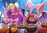 anthro banana breast_size_difference breasts cleavage clothed clothing duo female food fruit membrane_(anatomy) membranous_wings plant purple_body wings iiimirai sega sonic_riders sonic_the_hedgehog_(series) rouge_the_bat wave_the_swallow avian bat bird hirundinid mammal oscine passerine swallow_(bird)