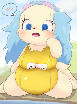 anthro belly big_belly black_nose blue_body blue_ears blue_eyes blue_fur blush blush_lines bodily_fluids breasts chibi clothing cloud detailed_background eyelashes female fence floor floppy_ears flower_garland fluffy fluffy_ears fluffy_tail front_view fur kneeling looking_down medium_breasts navel_outline neck_tuft nervous one-piece_swimsuit open_mouth overweight overweight_anthro overweight_female school_swimsuit sky solo speech_bubble spiral spiral_eyes sweat sweatdrop swimming_pool swimwear tail tan_body tan_fur text thick_thighs tight_swimwear tile tile_floor tuft yellow_clothing yellow_swimwear bluehiyokobunny golden_week jewelpet sanrio sega sega_fave sapphie_(jewelpet) bird_dog canid canine canis cavalier_king_charles_spaniel domestic_dog hunting_dog mammal spaniel toy_dog 2025 absurd_res hi_res japanese_text
