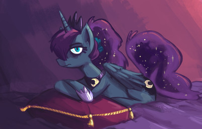 accessory bed blue_body blue_eyes blue_feathers bow_(feature) bow_accessory bow_ribbon crown cutie_mark feathered_wings feathers female furniture grumpy hair hair_accessory hair_bow hair_ribbon headgear horn jewelry looking_at_viewer lying necklace pillow ponytail ribbons solo sparkles wings herny friendship_is_magic hasbro my_little_pony mythology princess_luna_(mlp) equid equine mammal mythological_creature mythological_equine winged_unicorn 2013 hi_res