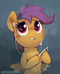 blush bodily_fluids cellphone crying electronics eyelashes feathered_wings feathers female feral fur hair headphones holding_object orange_body orange_feathers orange_fur phone purple_eyes purple_hair sad smartphone solo tears wings anotherdeadrat friendship_is_magic hasbro my_little_pony mythology scootaloo_(mlp) equid equine mammal mythological_creature mythological_equine pegasus 2023 digital_media_(artwork) hi_res signature