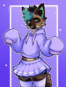 anthro black_nose bottomwear brown_body brown_fur cheek_tuft clothed clothing crossdressing crossdressing_male ear_tuft facial_tuft femboy fur green_eyes hair hoodie legwear male oversized_clothing oversized_hoodie oversized_topwear purple_background purple_bottomwear purple_clothing purple_hoodie purple_legwear purple_skirt purple_stockings purple_topwear simple_background skirt solo stockings tan_body tan_fur teal_body teal_fur teal_hair topwear tuft arvenick splash_of_spots_(kory_the_fox) canid canine canis fox hybrid mammal wolf hi_res