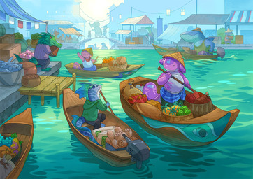 ambiguous_gender anthro barefoot basket blue_body blue_bottomwear blue_clothing blue_fur blue_pants boat bottomwear bridge city clothing container day engine feet fin food fruit fur green_body green_clothing green_hoodie green_topwear group hat headgear headwear holding_object hoodie male motorboat_(boat) outside pants pink_body plant shirt smile standing tail topwear vehicle water watercraft white_clothing white_shirt white_topwear sandara critter_kitchen cetacean fish mammal marine mustelid otter reptile scalie whale 2025 official_art