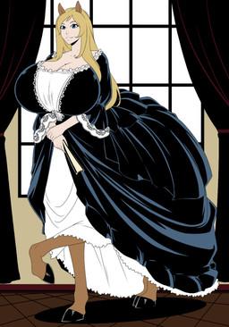 big_breasts blonde_hair blue_eyes breasts brown_body brown_fur clothed clothed_taur clothing dress elegant_dress female frilly frilly_clothing fur hair holding_fan hooves horse_ears inside long_hair solo standing zdemian european_mythology greek_mythology mythology estelle_bellegarde centaur equid equid_taur humanoid_taur mammal mammal_taur taur hi_res