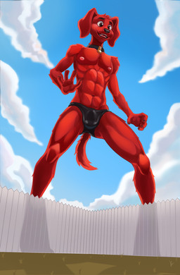 anthro anthrofied areola bulge clothed clothing collar fence fur macro male navel nipples outside pecs red_body red_fur smile solo tail topless topless_anthro topless_male underwear underwear_only wood wood_fence dal101strefan clifford_the_big_red_dog scholastic clifford_(clifford_the_big_red_dog) canid canine canis domestic_dog mammal digital_media_(artwork) hi_res