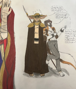 abs anthro armor bandage blue_eyes bottomwear brown_body brown_fur claws clothed clothing cuff_(restraint) curly_hair female fluffy fluffy_chest fluffy_tail fur gold_(metal) greying_hair guardian hair headgear helmet king long_hair male melee_weapon pants pants_only pecs polearm restraints robe royalty shackled_wrists shackles simple_background spear tail topless topless_male weapon whispering wrapped_ankles wrappings dylanaildon_no_2 twokinds basitin_eduardo caz_(dylanaildon_no_2) eduardo_(dylanaildon_no_2) king_adelaide basitin canid canine canis keidran mammal wolf absurd_res hi_res shaded traditional_media_(artwork)