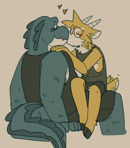 anthro black_bottomwear black_clothing black_shirt black_shorts black_tank_top black_topwear blush bottomwear canon_couple clothed clothing duo eyes_closed eyewear fur glasses green_body green_scales hand_on_shoulder heart_symbol hooves horn interspecies_romance kissing love male male/male on_lap romantic romantic_couple scales scut_tail shirt short_tail shorts simple_background sitting sitting_on_lap tail tail_motion tailwag tank_top thick_tail topwear yellow_body yellow_fur doginacafe duncan_and_eddie duncan_(doginacafe) eddie_(doginacafe) bovid caprine crocodile crocodilian goat mammal reptile scalie 2025 hi_res