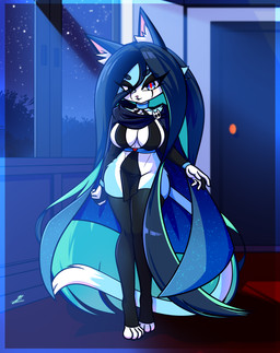 anthro barefoot big_breasts black_hair blue_body blue_eyes blue_fur breasts cape clothing detailed_background feet female fur gift hair inner_ear_fluff long_socks nightsky pointy_ears scarf solo thick_thighs tuft wide_hips xxkenthewolfxx domestic_cat felid feline felis mammal absurd_res hi_res