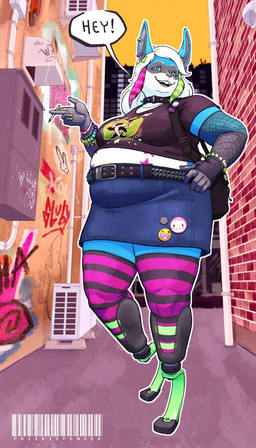 5_fingers accessory alley anthro armwear beaded_jewelry beads belt black_clothing black_collar black_crop_top black_shirt black_t-shirt black_topwear blue_body blue_eyes blue_fur bottomwear bow_ribbon bracelet cigarette clothing collar colored_nails crop_top denim denim_bottomwear denim_clothing denim_skirt ear_piercing ear_ring facial_markings female fingers fishnet_armwear fishnet_clothing fur green_highlights grey_body grey_fur hair hair_accessory hair_bow hair_ribbon hand_on_hip hand_on_own_hip head_markings highlights_(coloring) holding_cigarette holding_object humanoid_hands jewelry kandi_(jewelry) legwear lgbt_pride long_hair looking_at_viewer markings mask_(marking) nails outside overweight overweight_anthro overweight_female pattern_clothing pattern_legwear pattern_thigh_highs piercing pin_accessory pin_button pink_clothing pink_highlights pink_legwear pink_markings pink_thigh_highs pride_colors prosthetic prosthetic_leg prosthetic_limb ribbons ring_piercing shirt skirt smoking smoking_cigarette solo speech_bubble spiked_collar spikes standing star_(marking) striped_clothing striped_legwear striped_thigh_highs stripes studded_belt studs t-shirt talking_to_viewer text thigh_highs topwear transgender_pride_colors wearing_collar white_body white_fur white_hair wristband pazzdispenser i_love_boobies 4:7 absurd_res digital_drawing_(artwork) digital_media_(artwork) english_description english_text hi_res