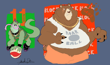 anthro basketball_uniform bottomwear brown_body brown_fur clothed clothing collar duo eye_scar facial_piercing facial_scar fur gold_(metal) gold_jewelry gold_necklace green_body green_bottomwear green_clothing green_scales green_shirt green_shorts green_topwear head_spikes jewelry male multicolored_claws muscular muscular_anthro muscular_male neck_piercing necklace nose_piercing orange_bottomwear orange_clothing orange_shorts overweight overweight_anthro overweight_male piercing purple_spikes scales scar shirt shorts spikes spikes_(anatomy) sportswear studded_collar studs tail text text_on_clothing text_on_shirt text_on_topwear tongue tongue_out tongue_piercing topwear uniform white_clothing white_shirt white_topwear yellow_sclera jacobspencer04 goat_(movie) sony_corporation sony_pictures grizz_(goat) modo_olachenko bear brown_bear grizzly_bear komodo_dragon lizard mammal monitor_lizard reptile scalie ursine 2026 digital_media_(artwork) hi_res