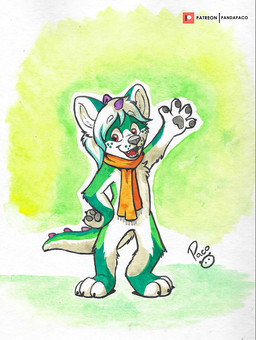 anthro blue_hair female female_anthro freckled_face freckles front_view fur gesture glistening glistening_eyes green_body green_fur hair horn logo looking_at_viewer mostly_nude open_mouth open_smile orange_scarf red_eyes scarf short_hair smile solo standing waving waving_at_viewer white_body white_fur white_hair young young_anthro young_female pandapaco mythology canid canine dragon hybrid mammal mythological_creature mythological_scalie scalie artist_logo full-length_portrait hi_res portrait signature