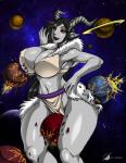 big_breasts breasts cleavage clothed clothing erect_nipples female horn huge_breasts macro navel nipple_outline nipples not_furry planet sitting_on_planet solo terra_macro osmar-shotgun alien absurd_res hi_res