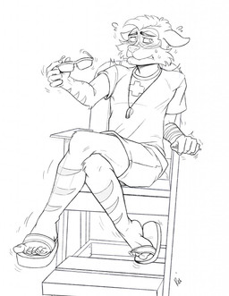 anthro bent_legs clenched_teeth clothed clothing crossed_legs footwear full_bladder leg_over_thigh male omorashi sandals shaking shoes simple_background sitting solo teeth trembling white_background bibarel_rei domestic_cat felid feline felis mammal hi_res