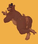 anthro anus backsack balls belly big_butt brown_body butt clothing feet genitals hat headgear headwear looking_at_viewer male nude rear_view simple_background slightly_chubby smile smirk solo snaftfc five_nights_at_freddy's scottgames freddy_(fnaf) bear mammal 2023 absurd_res digital_media_(artwork) hi_res