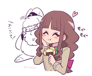 anthro blush brown_hair chibi cookie duo eating female fluffy food fur hair hair_over_eyes long_ears male ponytail_ears yellow_body yellow_fur runapiero00 bandai_namco digimon digimon_ghost_game ruri_tsukiyono angoramon digimon_(species) human lagomorph leporid mammal rabbit