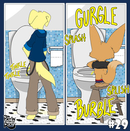 bodily_fluids genital_fluids humor male peeing toilet urine urine_stream ariesartist ben_(ariesartist) roger_(ariesartist) bird_dog canid canine canis domestic_dog fennec_fox fox hunting_dog labrador mammal retriever true_fox alpha_channel comic hi_res