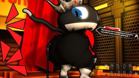alternate_universe anthro arm_warmers armwear artist_watermark black_body black_fur black_outline blue_eyes butt cheering clothing crown emanata feet fur halftone_background headgear male motion_blur outline pattern_background performance pupils simple_background smile smirk solo speaker stage_curtains tail text text_box twerking white_feet white_sclera white_text n30nc0r3 atlus megami_tensei persona_(series) persona_5 sega morgana_(persona) 16:9 3d_(artwork) digital_media_(artwork) halftone source_filmmaker_(artwork) widescreen